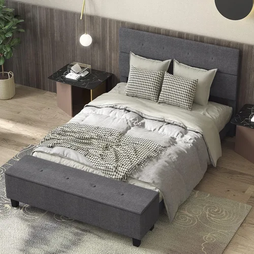 Miniatura 7 de Giantex Base de cama matrimonial con almacenamiento otomano, base de cama tapizada de lino con cabecero capitonado con botones y 4 patas de soporte