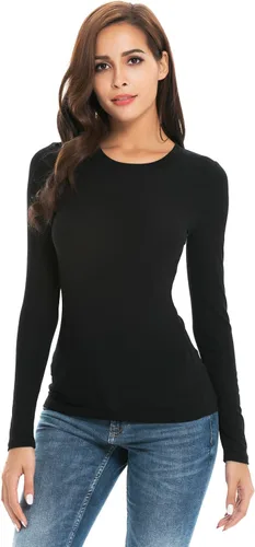 Miniatura 2 de Camiseta de manga larga para mujer, cuello redondo, rayón, ajustada, elástica, para mujer
