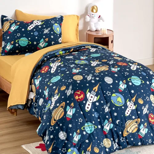 Miniatura 11 de SLEEP ZONE Juego de edredón de 2 piezas para niños y niñas, resistente a la decoloración, lavable a máquina, cohete espacial