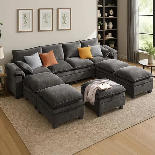 Miniatura 21 de Sofá Seccional Modular en Forma de L de 100", Sofá con Almacenamiento Otomano, Sofá Nube de Chenilla con Asientos Profundos y Mullidos para Sala