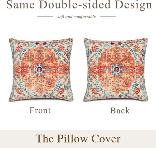 Miniatura 2 de Fundas de almohada boho naranja azul 20x20 pulgadas, juego de 2 fundas de almohada estilo bohemio alfombra vintage étnica para sofá, fundas