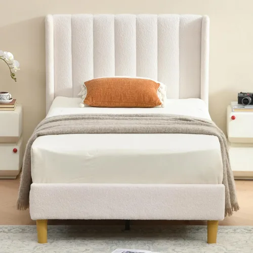 Miniatura 26 de Base de cama Queen con cabecero, base de cama de plataforma con respaldo de terciopelo vertical copetudo, soporte de listones de madera, no necesita