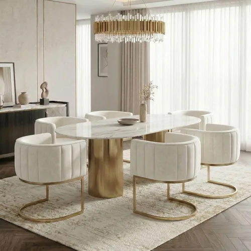 Miniatura 15 de Hyfirm Juego de 2 sillas de comedor de barril beige y dorado, modernas sillas tapizadas de terciopelo con respaldo curvado para isla de cocina