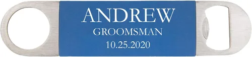 Personalizado Añadir Texto Personalizado Heavy Duty Groomsman Acero Inoxidable Plano Cerveza Groomsmen Abrebotellas con agarre de silicona (azul)