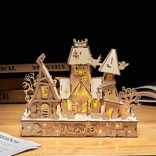 Miniatura 2 de Rompecabezas de madera 3D para Halloween, incluye tira de luz, rompecabezas y rompecabezas para Halloween/cumpleaños, regalos para adultos