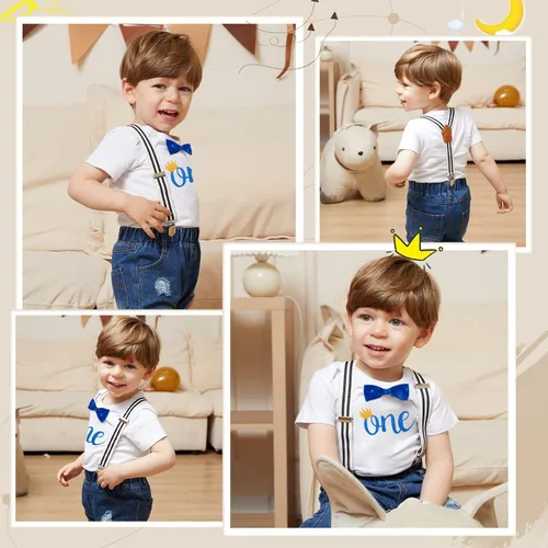 Miniatura 40 de Conjunto de ropa de cumpleaños para bebé niño pequeño, con tirantes, pantalones de mezclilla rasgados