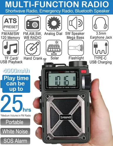 Miniatura 2 de ZHIWHIS Radio de onda corta con Bluetooth, radios de emergencia meteorológica AM/FM/SW/NOAA, manivela/solar/4000mAh/SOS/ruido