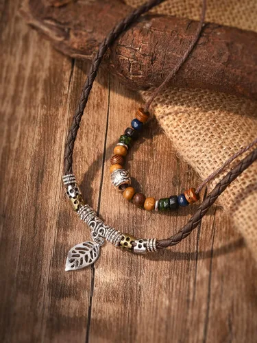 Miniatura 6 de MINACHI Layered Boho Wood Bead Choker Necklace, Hollow Flower Charm, Personality Jewelry for Men and Women