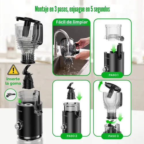 Miniatura 8 de Exprimidor de prensado en frío con canal de alimentación de 5.8 pulgadas de ancho, exprimidor de masticación lenta de 300 W para frutas y verduras