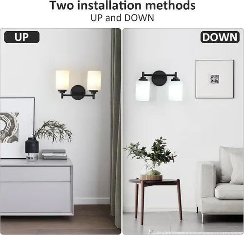 Miniatura 4 de Lámpara de baño negra mate, 2 luces para tocador de baño con pantalla de vidrio esmerilado blanco, modernos apliques de pared para dormitorio