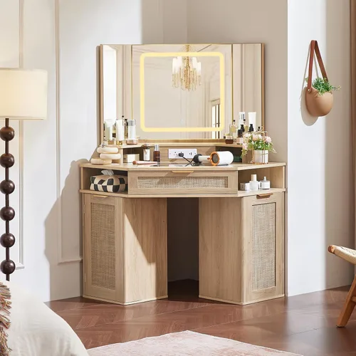 Miniatura 8 de Lerliuo Tocador Esquinero con Espejo de 3 Vías y Luces, Tocador de Maquillaje de Ratán de 46'' con Cajón Superior de Cristal, Gabinetes de Madera