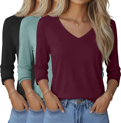 Miniatura 35 de Ficerd Paquete de 3 camisetas de manga 3/4 para mujer, cuello en V, blusas holgadas, blusas casuales, ropa de moda 2026