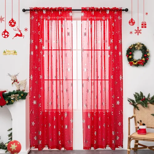 Miniatura 12 de Cortinas traslúcidas de Navidad para sala de estar, cortinas transparentes con estampado de copos de nieve de lujo, cortinas con bolsillo