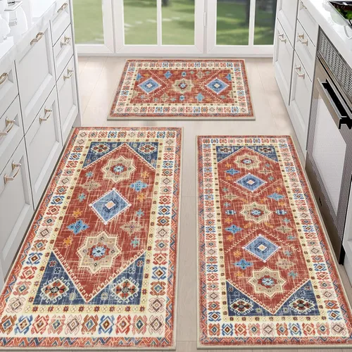 Miniatura 24 de HEBE - Juego de alfombras de cocina bohemias de 3 piezas con corredor, alfombras de cocina antideslizantes y tapetes lavables para piso de cocina