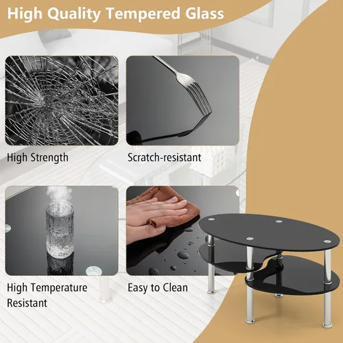 Miniatura 7 de Giantex Mesa de centro ovalada de vidrio templado transparente de 3 niveles con patas cromadas resistentes, mesa auxiliar de sofá pequeña, mesa