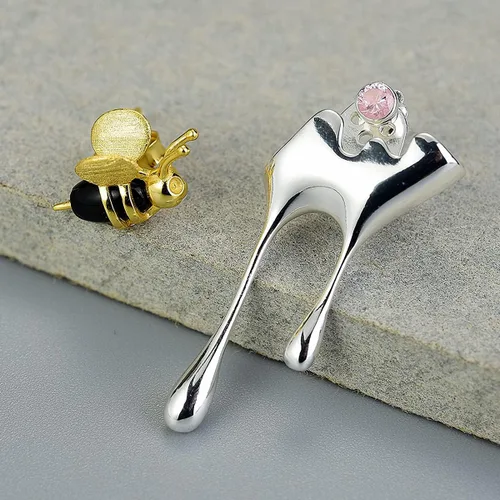 Miniatura 4 de Regalo para San Valentín, aretes de plata de ley 925 abeja y miel goteando, aretes asimétricos creativos hechos a mano, joyería única, regalos