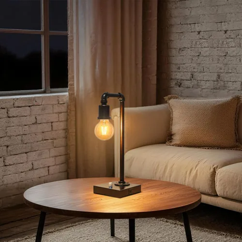 Miniatura 7 de Lámpara de mesa industrial para dormitorio, lámpara de noche completamente regulable con puertos USB C+A, lámpara vintage con diseño de tubo
