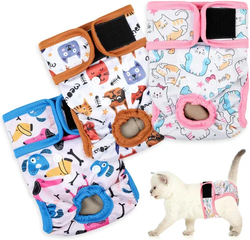 Pañales reutilizables para gatos, paquete de 3 unidades con buena absorción, pañales adorables para gatos de fácil colocación y ajuste seguro S Cat-1