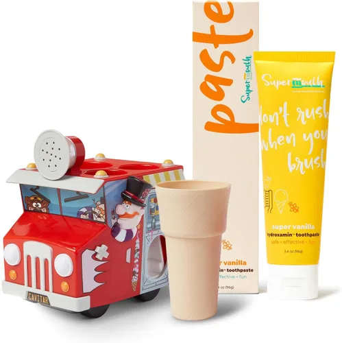SuperMouth Paquete de cuidado bucal para niños: organizador de camión de helado con dispensador de pasta de dientes, música y luces + pasta de