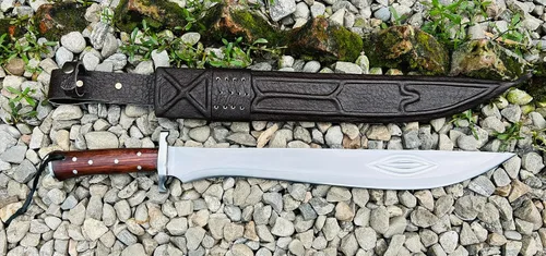 Miniatura 7 de Machete artesanal de 20" - Nepal forjado a mano - Espada de hoja de espiga completa - Acero de alto carbono - Mango de madera rosa con protector