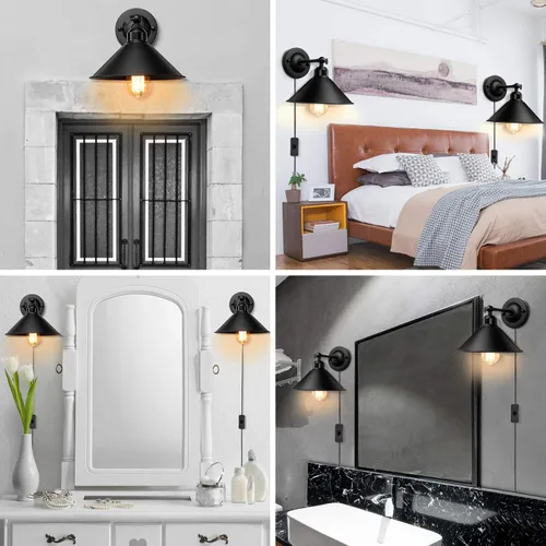 Miniatura 7 de Aplique de pared enchufable, aplique de pared negro, lámpara de pared industrial vintage con brazo oscilante antiguo, lámpara de pared