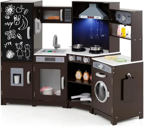 GLACER Cocina de madera de esquina para niños, juego de cocina grande con sonido, luz, pizarra, microondas, máquina de hielo, lavadora, accesorios,