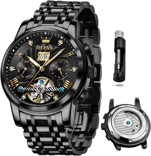 Miniatura 21 de OLEVS Reloj de pulsera automático con diseño de esqueleto para hombre, de lujo, con diamantes de lujo, de acero inoxidable, calendario, reloj