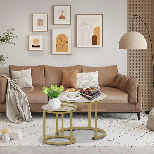 Miniatura 8 de aboxoo Juego de 2 mesas de centro anidables doradas, pequeñas mesas redondas de vidrio para sala de estar, dormitorio, mesa de té decorativa