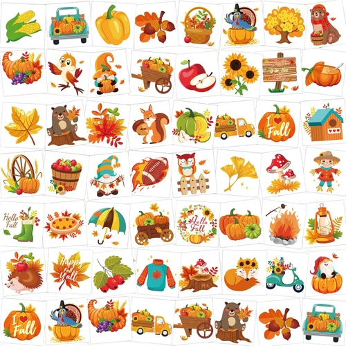 HOWAF 96 tatuajes temporales de otoño, 48 estilos de cosecha de otoño, calcomanías de tatuajes temporales para niños, tatuajes falsos de Acción de