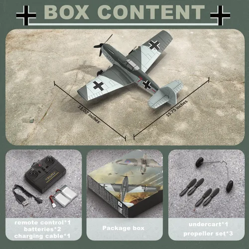 Miniatura 7 de Avión RC ANBURI, Avión de control remoto BF - 109 de 3 canales, 2.4GHz y estabilizador de giro de 6 ejes, 2 baterías incluidas, ideal para adultos