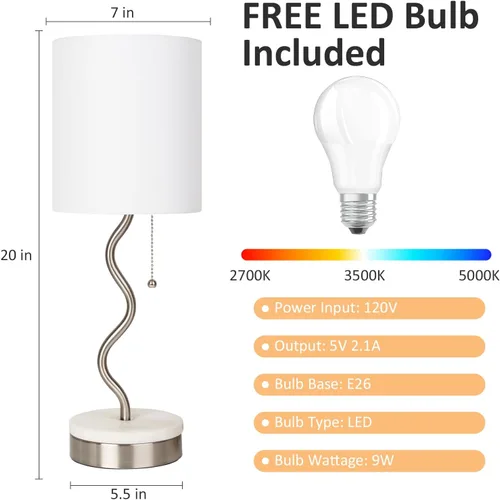 Miniatura 3 de Lámpara de Mesa con Base de Mármol - Lámpara de Mesita de Noche Moderna con Puerto USB y Cadena de Tracción, Lámpara para Dormitorio, Sala de Estar