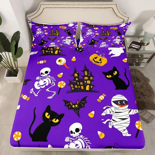 Miniatura 41 de Juego de ropa de cama de Halloween con patrón de sombras kawaii, sábana bajera tamaño queen, decoraciones de calabaza, luces de calabaza góticas