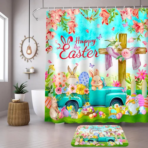 Miniatura 9 de Lutto Cortina de ducha de Pascua, cortinas de ducha de primavera para baño, juego de baño de Pascua con flor de conejo para decoración de baño, 72 x