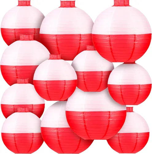 Faroles de papel de pesca Bobber redondos, 12 linternas de papel colgantes rojas y blancas para pescadores, suministros de decoración de fiestas