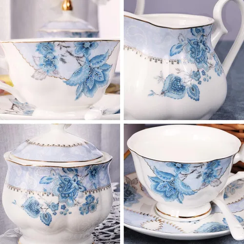 Miniatura 2 de fanquare Juego de té de porcelana con flores azules, juego de taza de té y platillo para 6, juego de té de boda con jarra de crema, juego de café