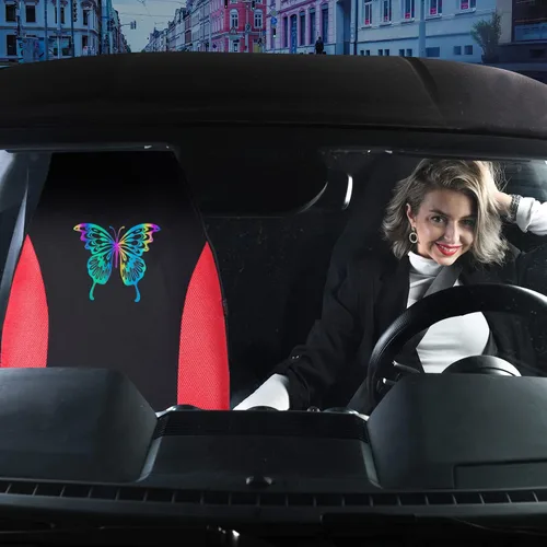 Miniatura 6 de Fundas de asiento delantero de malla de aire 3D color rojo, fundas de asiento reflectantes de mariposa coloridas, compatibles con bolsas de aire