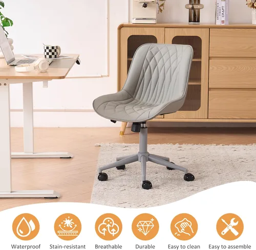 Miniatura 7 de YOUNIKE Silla de oficina ergonómica de piel sintética gris sin brazos, cómoda silla de escritorio con respaldo mecedor, bonita silla giratoria