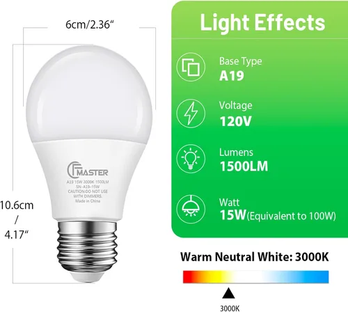 Miniatura 2 de Foco LED A19, bombillas LED equivalentes a 100 W, 15 W, 3000 K, luz blanca cálida, 1500 lúmenes, foco LED no regulable, base estándar E26 para 3000K