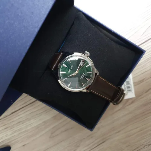 Miniatura 7 de SEIKO Mens PRESAGE 'Mockingbird' Cocktail Dial verde con reloj de cuero marrón SRPD37J1, Blanco, Moderno