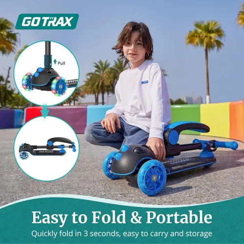 Miniatura 3 de Gotrax KS3 Pro - Monopatín plegable para niños, asiento removible con una sola llave y 3 ruedas PU extra anchas con luces, antideslizante y Azul