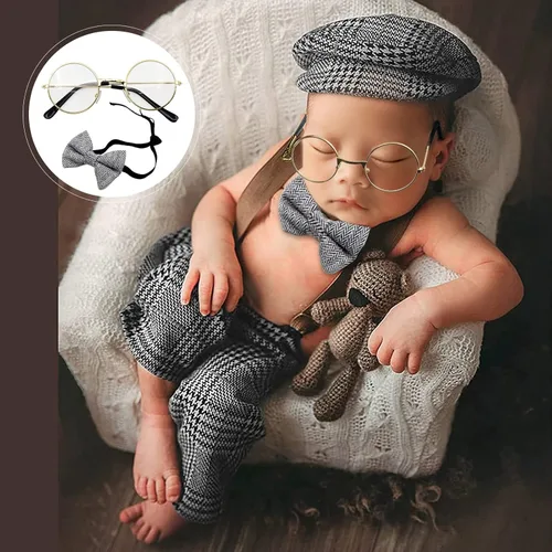 Miniatura 2 de 4 piezas de accesorios para fotos de bebé recién nacido, overol de celosía, pantalones con tirantes con boina, gafas de pajarita para disfraces