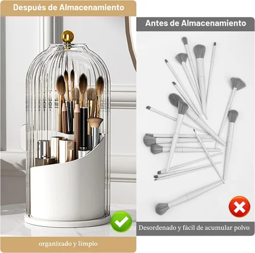 Miniatura 3 de Organizador de brochas de maquillaje con tapa transparente con apertura deslizante giratoria de 360 grados a prueba de polvo para tocador, 1 unidad