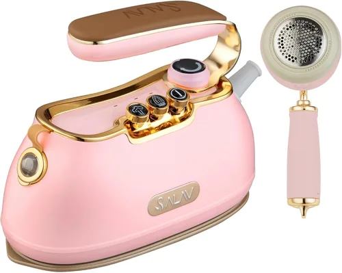 SALAV Vaporizador retro de mano + plancha, placa de vapor de cerámica, 1000 vatios de vapor, elimina las arrugas en la ropa (rosa, vaporera y