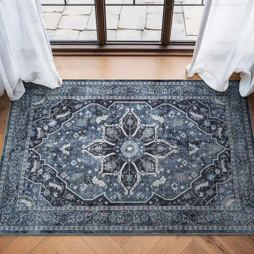 Miniatura 44 de Bloom Rugs Caria Alfombra Lavable Antideslizante de 7 pies - Azul/Carbón Alfombra Tradicional para Entrada, Pasillo, Baño y Cocina - Tamaño Exacto