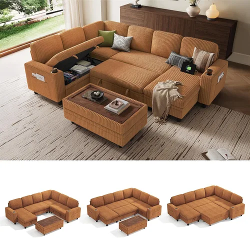 Miniatura 30 de LINSY HOME - Sofá cama extraíble modular con sección para dormir, con almacenamiento, sofá seccional de pana mullida para sala de estar, sofá cama