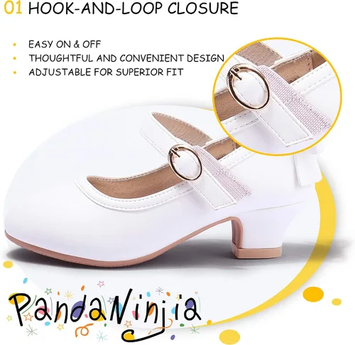 Miniatura 14 de PANDANINJIA Vestido de jada para niñas y niños pequeños, zapatos de princesa Mary Jane con tacones con lazo para fiesta, boda, boda