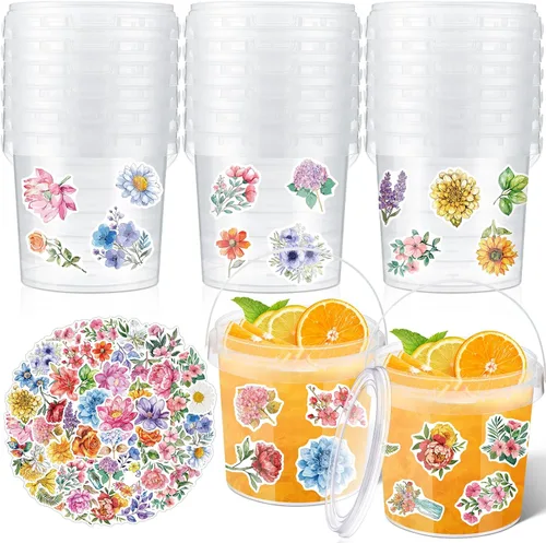 Miniatura 14 de PerKoop 20 cubos de helado de 32 onzas con tapas y asas, cubos transparentes de ron de cóctel con calcomanías, tina transparente de plástico