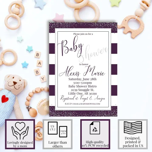 Miniatura 2 de Baby Shower personalizado invita a una invitación de baby shower plateado y morado, 20 invitaciones de ducha personalizadas de 5 x 7 pulgadas