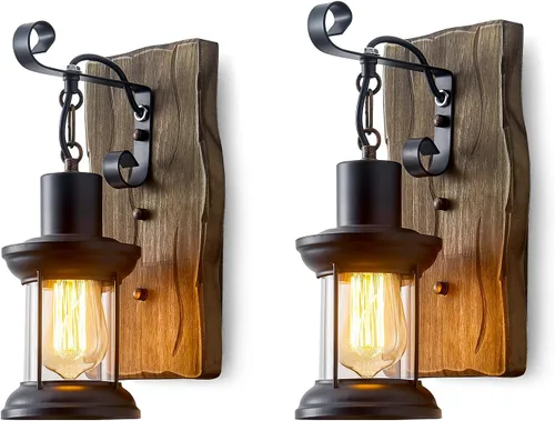 Miniatura 10 de Aplique de pared industrial vintage, lámparas rústicas de madera de metal para interiores, aplique de pared negro para comedor, pasillo, hotel, bar