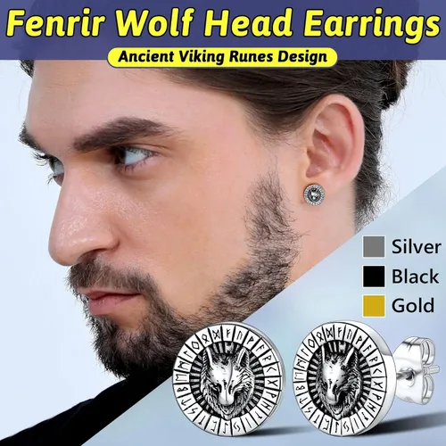 Miniatura 2 de FaithHeart Aretes de tuerca vikingos nórdicos para hombres y mujeres, de acero inoxidable, con diseño de valknutbrújulanudo celtacabeza de lobo